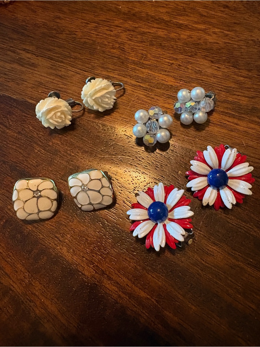 Vintage Assorted Women's Clip-On Earrings Set in White, Red & Blue